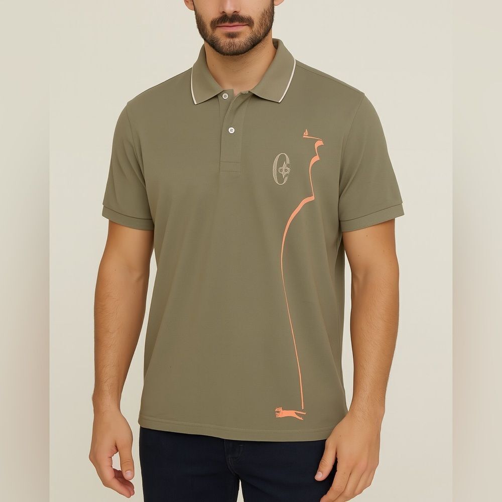 Conte of Florence Men's Olive Polo Shirt With Orange Accents Size XL